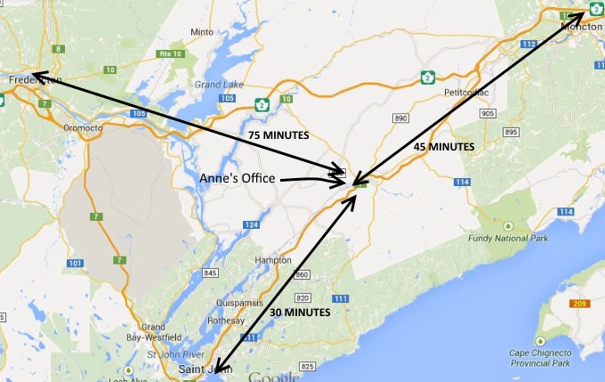 Map of Anne's office with distances from Saint John, Fredericton and Moncton